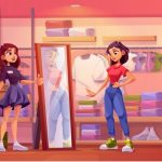 a woman choosing clothes on a rack drawing